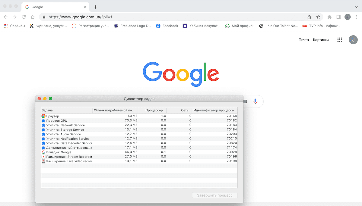 Диспетчер задач Google Chrome